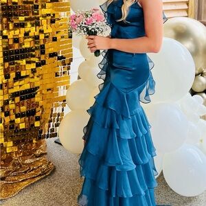 Teal ruffle prom dress